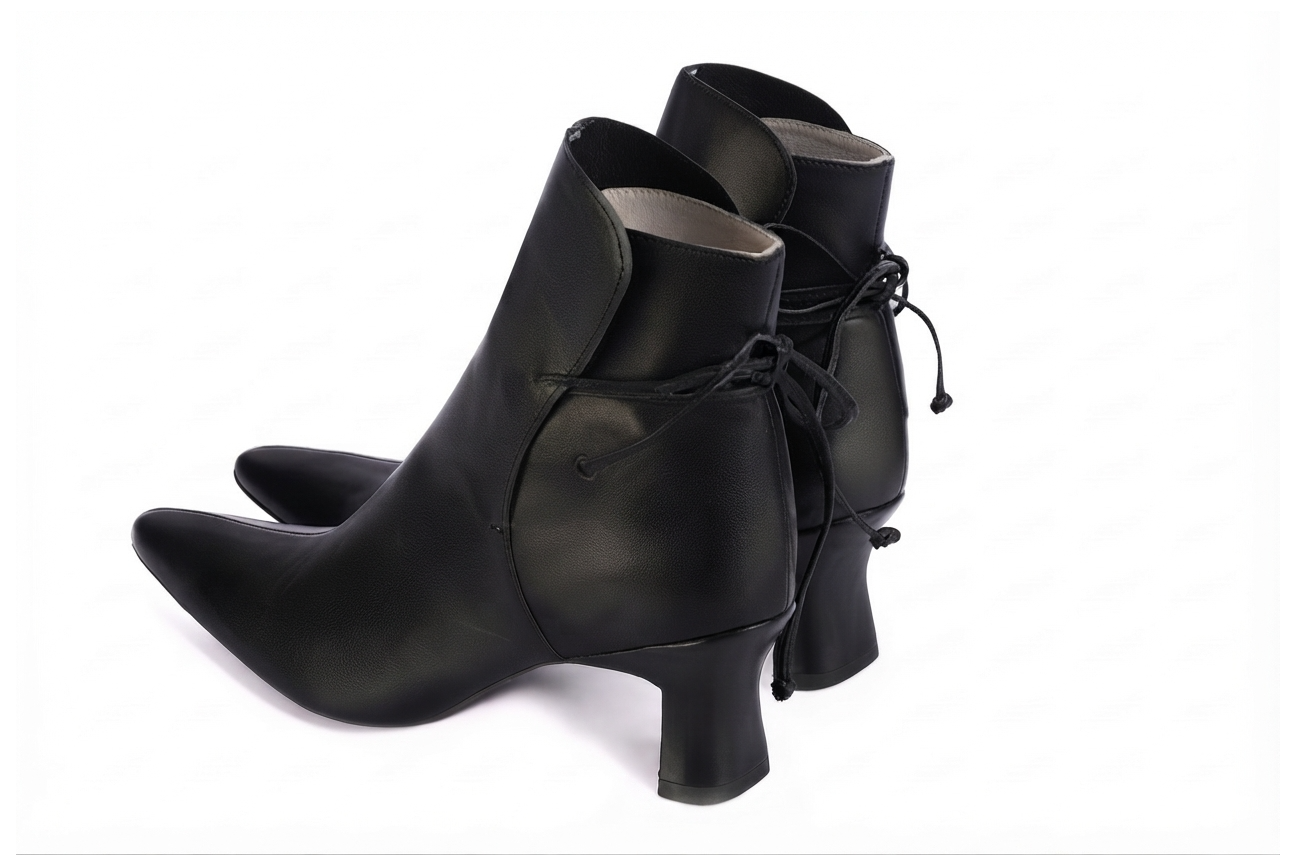 Women's black back lace-up ankle boots with almond toe and mid spool heel - Rear view
